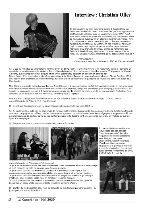 interview de christian oller dans le journal le canard folk, musiques, chants, instruments traditionnels comme l accordéon